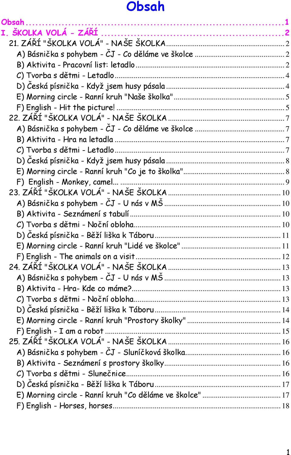 ZÁŘÍ "ŠKOLKA VOLÁ" - NAŠE ŠKOLKA... 7 A) Básnička s pohybem - ČJ - Co děláme ve školce... 7 B) Aktivita - Hra na letadla... 7 C) Tvorba s dětmi - Letadlo... 7 D) Česká písnička - Když jsem husy pásala.