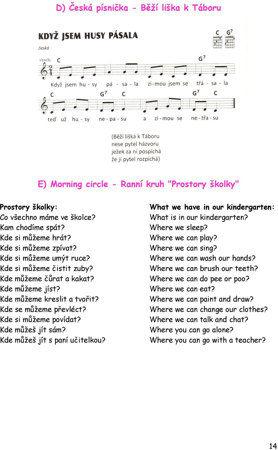 Kde můžeš jít s paní učitelkou? What we have in our kindergarten: What is in our kindergarten? Where we sleep? Where we can play? Where we can sing? Where we can wash our hands?