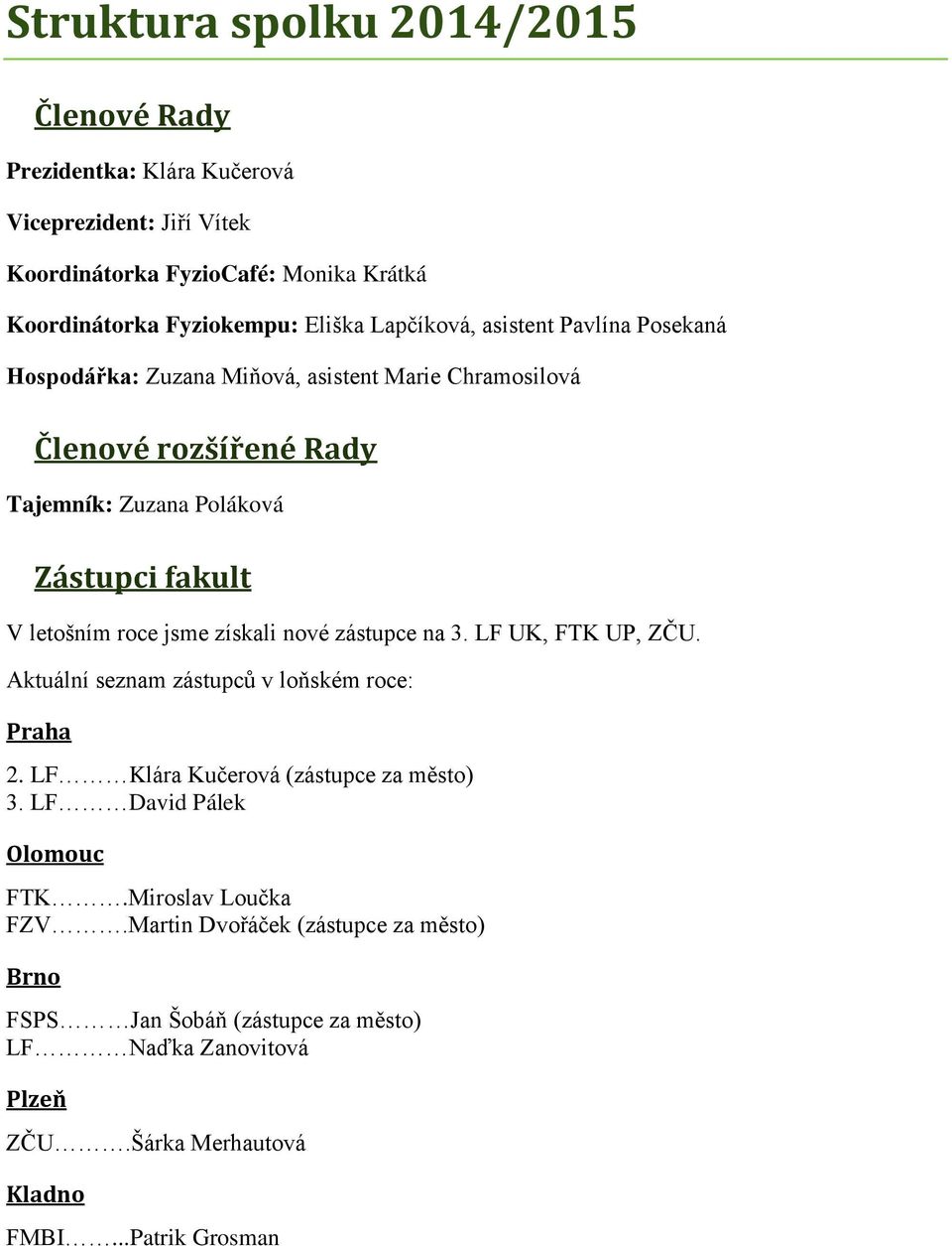 roce jsme získali nové zástupce na 3. LF UK, FTK UP, ZČU. Aktuální seznam zástupců v loňském roce: Praha 2. LF Klára Kučerová (zástupce za město) 3.