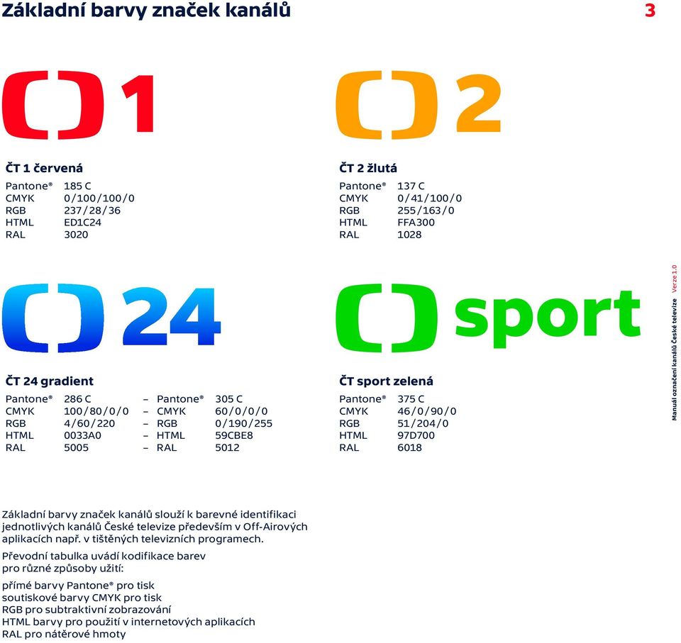 C CMYK 46 / 0 / 90 / 0 RGB 51 / 204 / 0 HTML 97D700 RAL 6018 Základní barvy značek kanálů slouží k barevné identifikaci jednotlivých kanálů České televize především v Off-Airových aplikacích např.