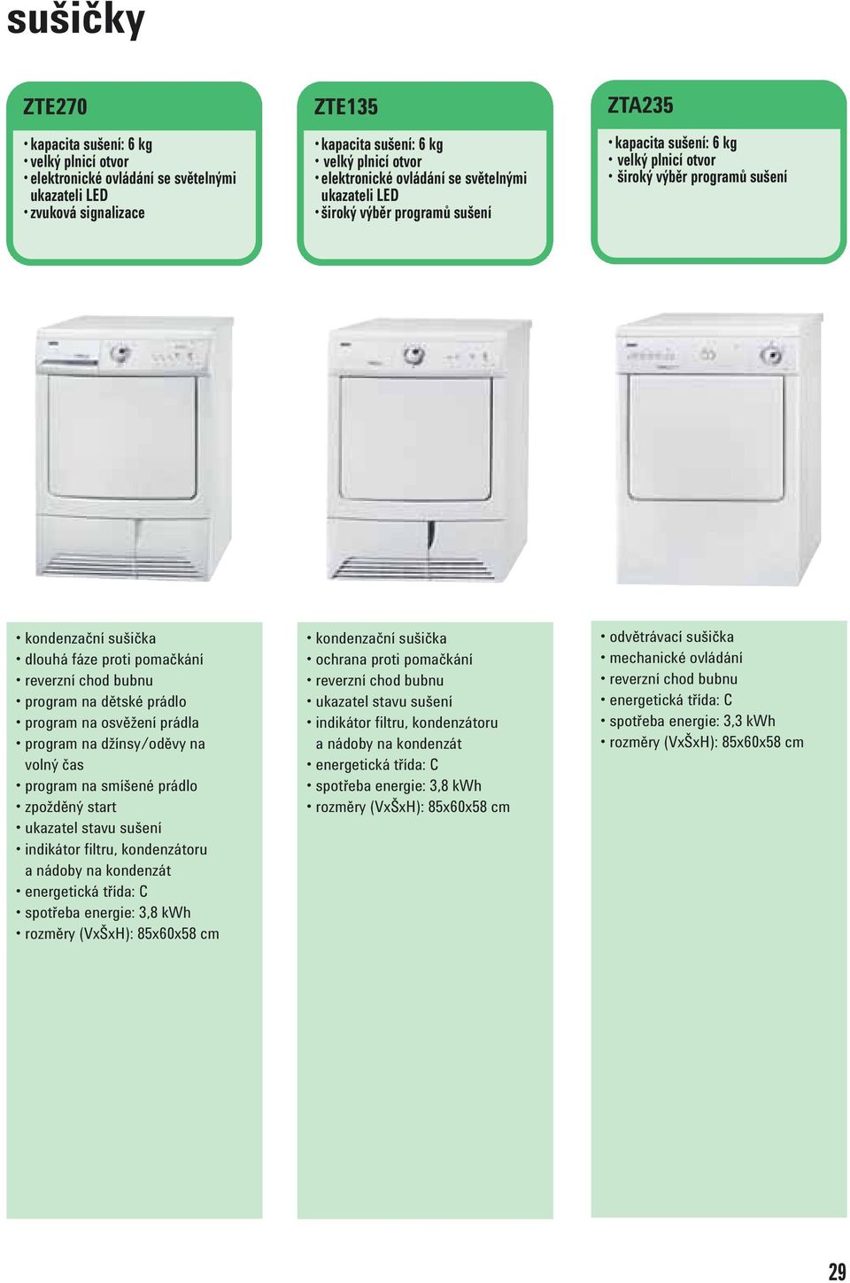 start ukazatel stavu sušení indikátor filtru, kondenzátoru a nádoby na kondenzát energetická třída: C spotřeba energie: 3,8 kwh rozměry (VxŠxH): 85x60x58 cm kondenzační sušička ochrana proti