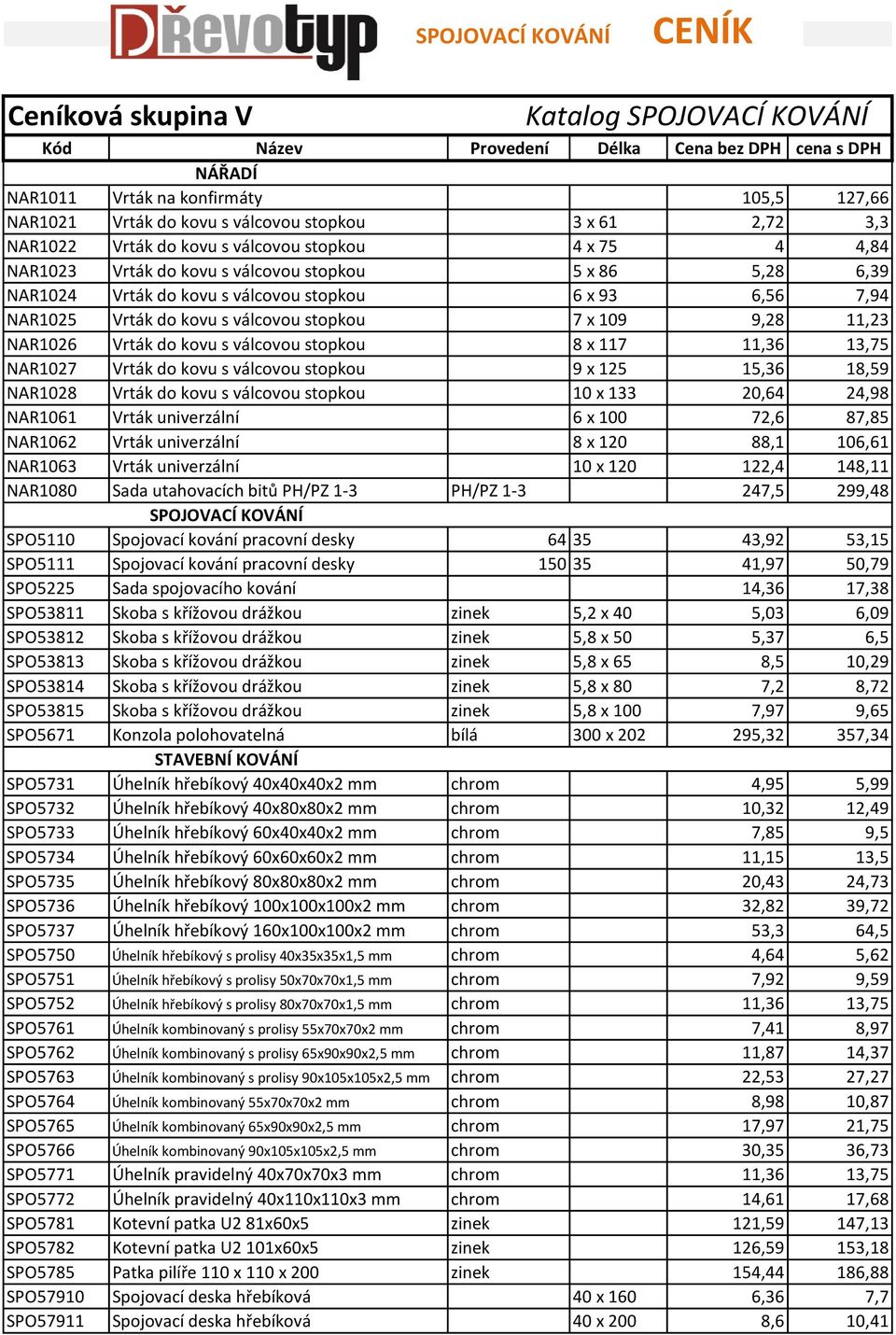 8 x 117 11,36 13,75 NAR1027 Vrták do kovu s válcovou stopkou 9 x 125 15,36 18,59 NAR1028 Vrták do kovu s válcovou stopkou 10 x 133 20,64 24,98 NAR1061 Vrták univerzální 6 x 100 72,6 87,85 NAR1062