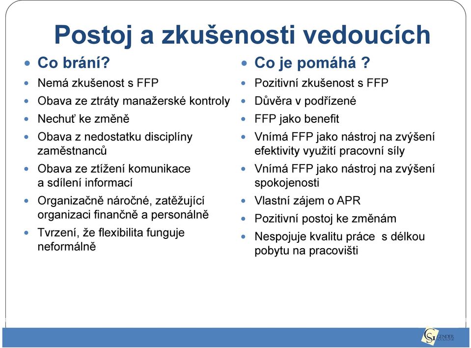 sdílení informací Organizačně náročné, zatěžující organizaci finančně a personálně Tvrzení, že flexibilita funguje neformálně Co je pomáhá?