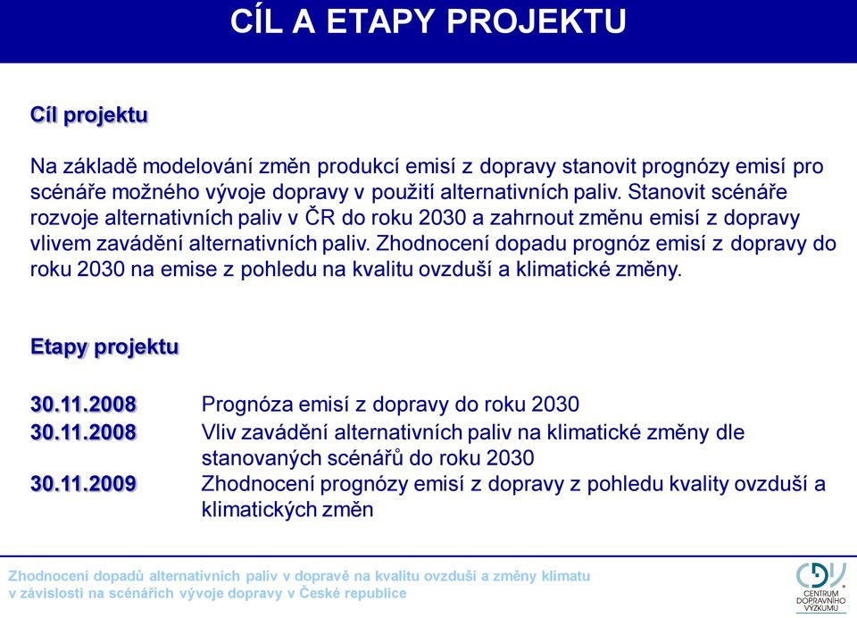 Zhodnocení dopadu prognóz emisí z dopravy do roku 2030 na emise z pohledu na kvalitu ovzduší a klimatické změny. Etapy projektu 30.11.