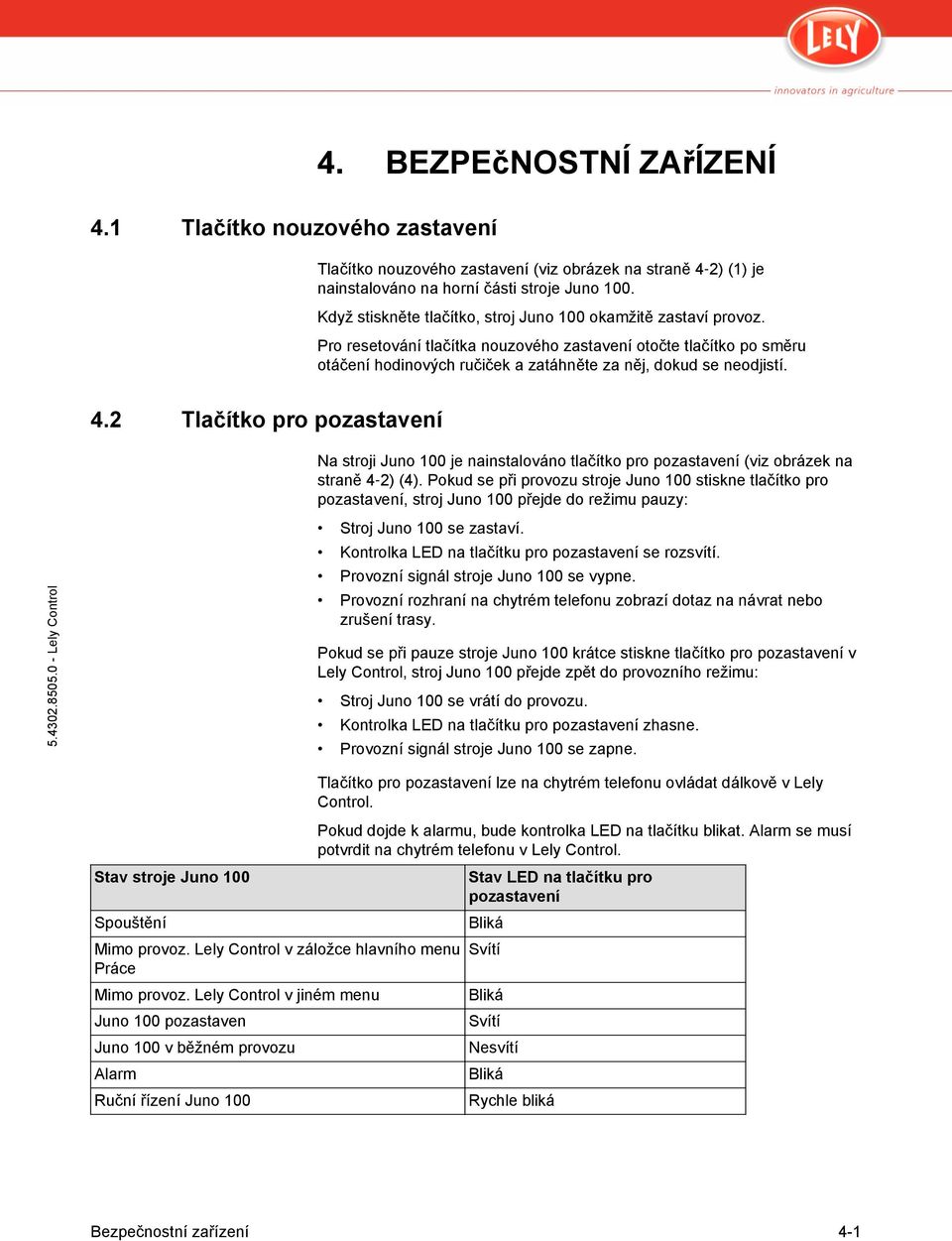 4.2 Tlačítko pro pozastavení Na stroji Juno 100 je nainstalováno tlačítko pro pozastavení (viz obrázek na straně 4 2) (4).