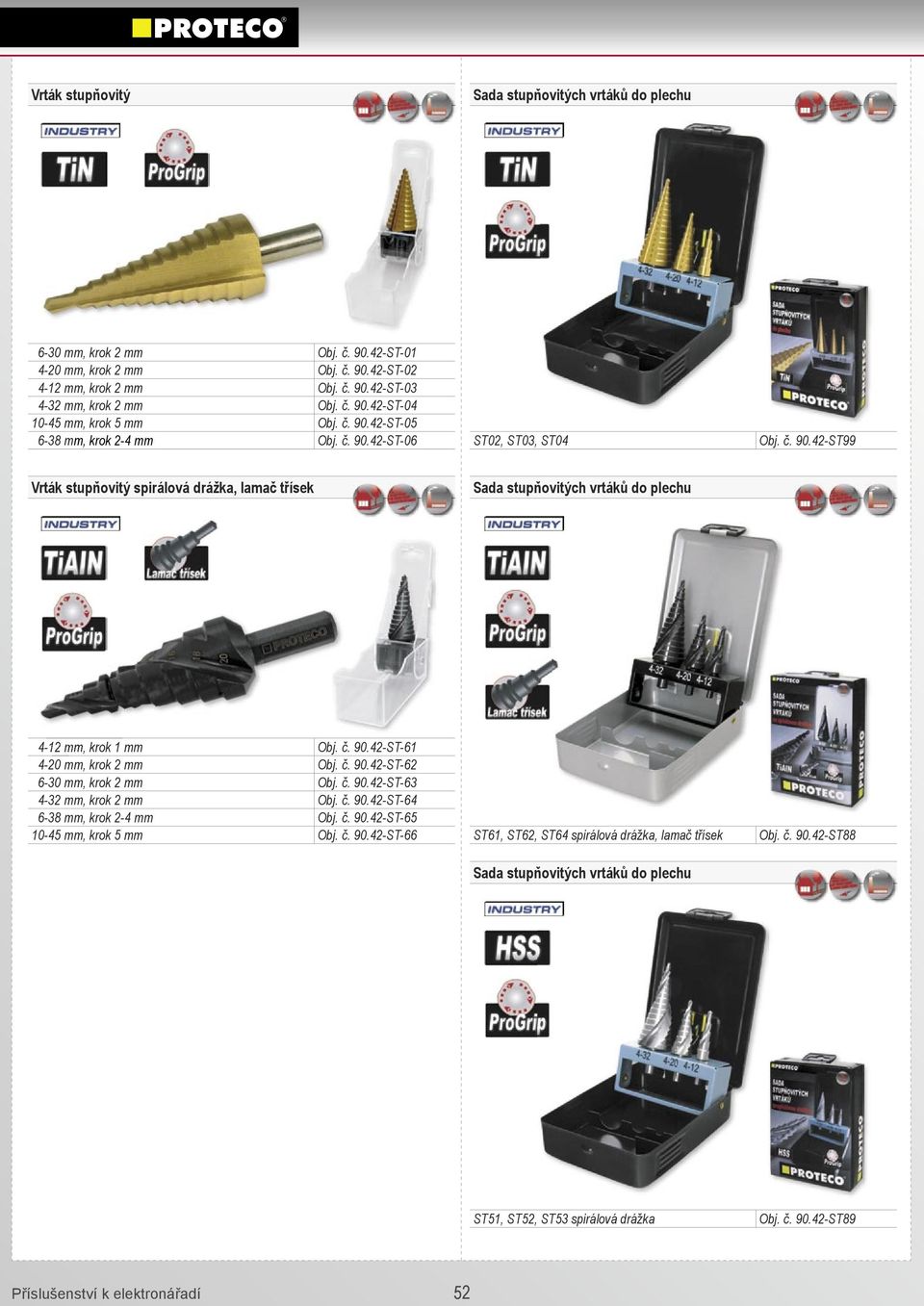 č. 90.42-ST-61 4-20 mm, krok 2 mm Obj. č. 90.42-ST-62 6-30 mm, krok 2 mm Obj. č. 90.42-ST-63 4-32 mm, krok 2 mm Obj. č. 90.42-ST-64 6-38 mm, krok 2-4 mm Obj. č. 90.42-ST-65 10-45 mm, krok 5 mm Obj. č. 90.42-ST-66 ST61, ST62, ST64 spirálová drážka, lamač třísek Sada stupňovitých vrtáků do plechu Obj.