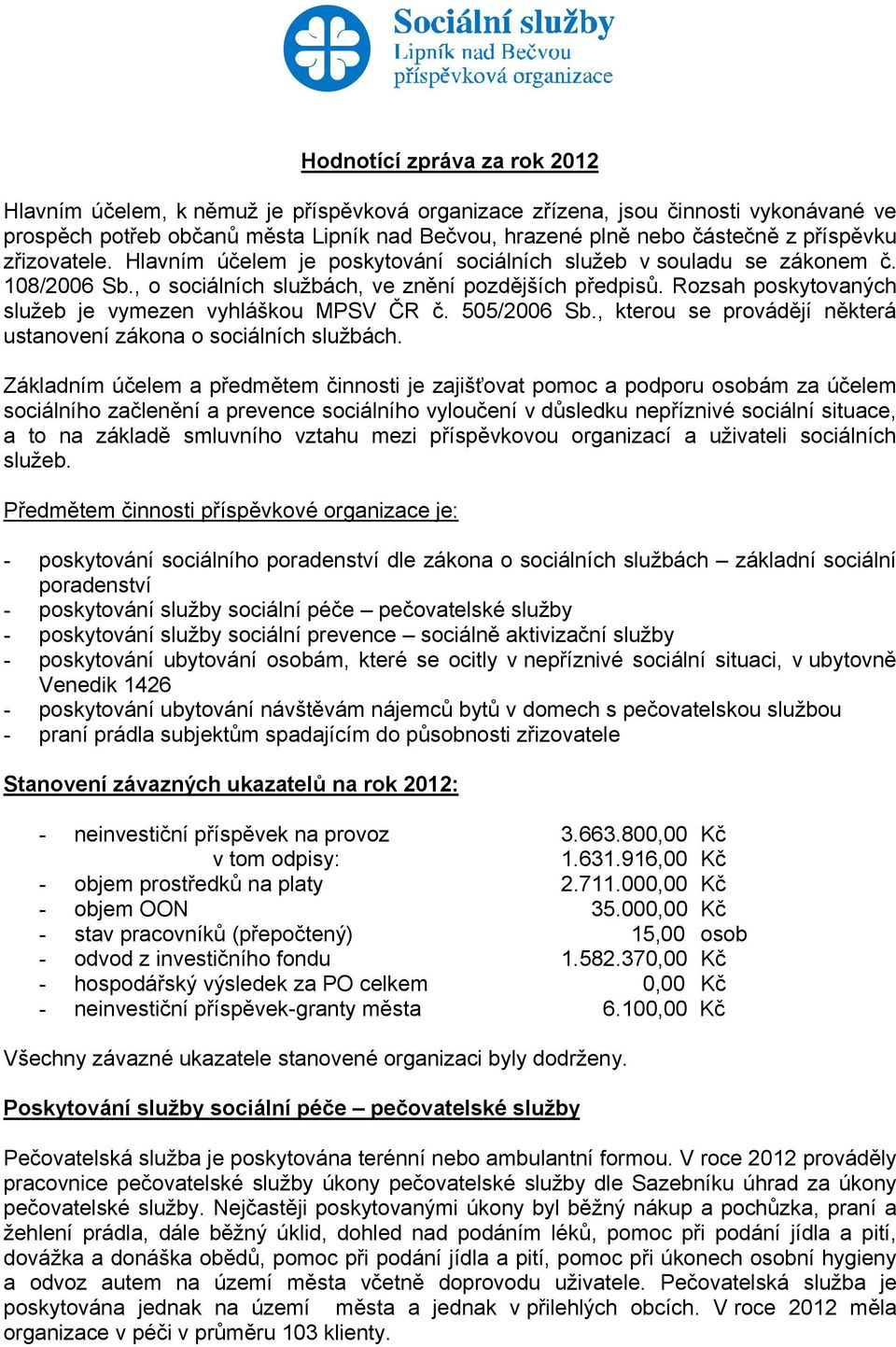 Rozsah poskytovaných služeb je vymezen vyhláškou MPSV ČR č. 505/2006 Sb., kterou se provádějí některá ustanovení zákona o sociálních službách.