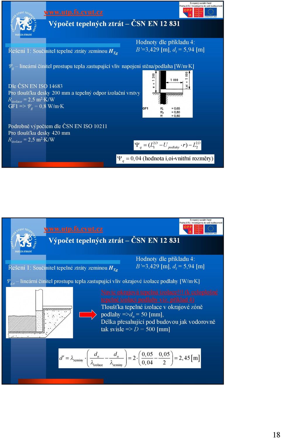 420 mm Rizolace = 2,5 m2 K/W q ( L2 D U podlahy r ) L22D q 0, 04 (hodnota i,oi-vnitřní rozměry) Výpočet tepelných ztrát ČSN EN 2 83 Řešení : Součinitel tepelné ztráty zeminou HT,g Hodnoty dle