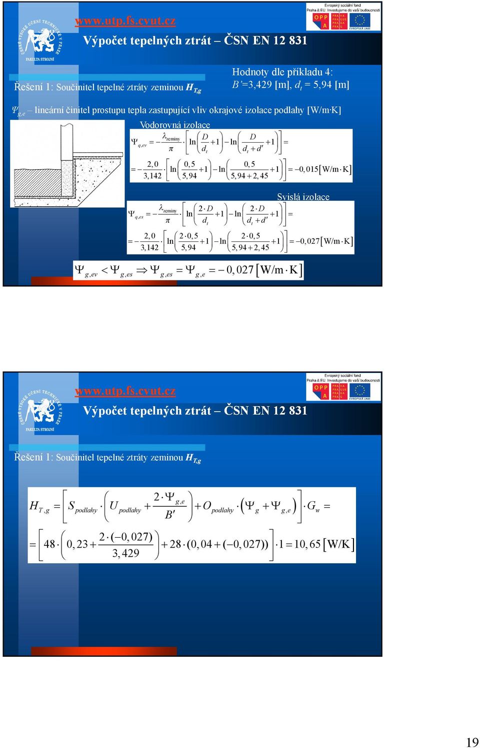 Svislá izolace q,es 2 D 2 D zeminy ln ln dt d dt 2, 0 2 0,5 2 0,5 ln ln 0, 027 W/m K 3,42 5,94 5,94 2, 45 g,ev g,es g,es g,e 0, 027 W/m K Výpočet tepelných ztrát
