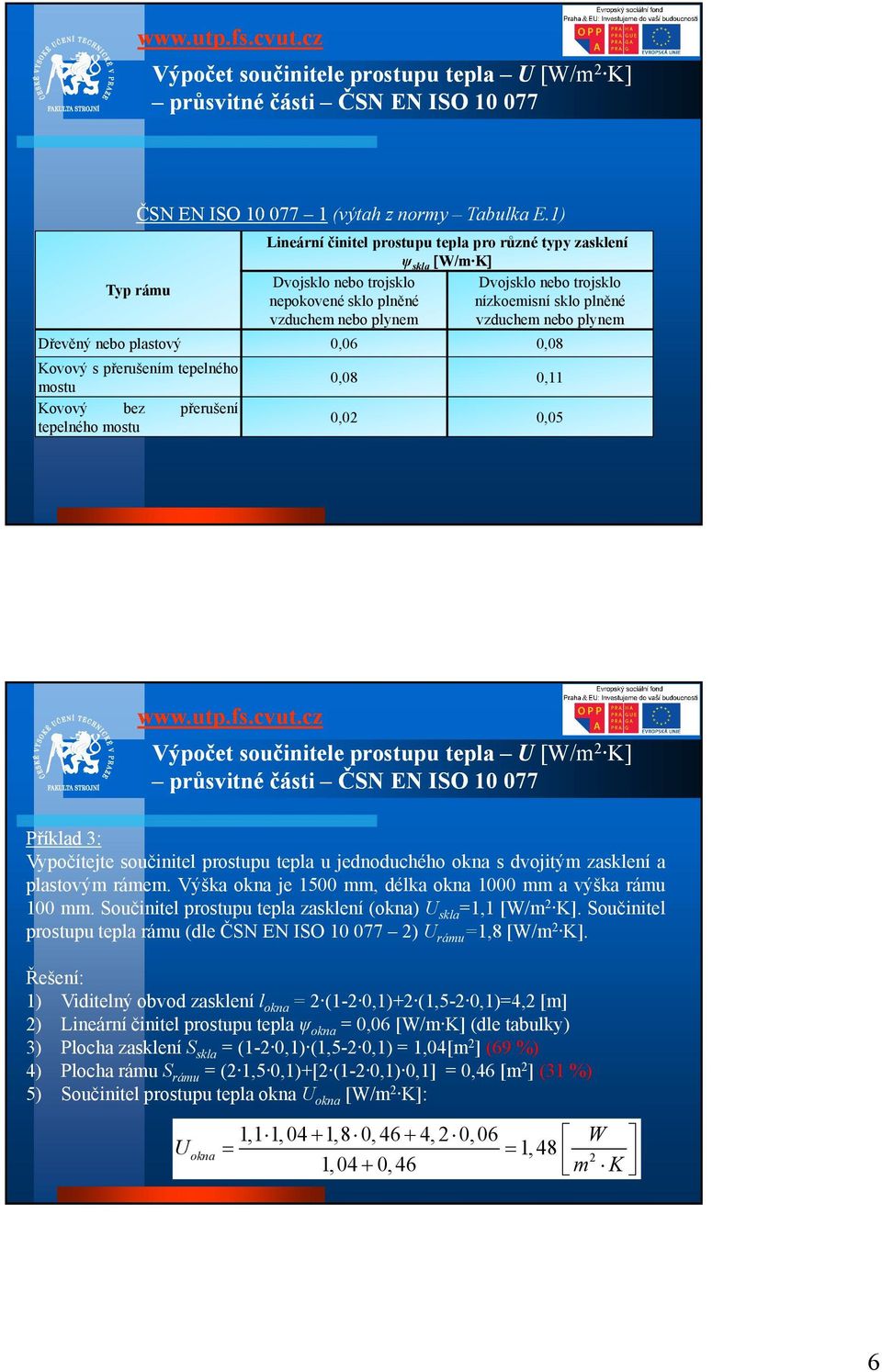 plynem Typ rámu Dřevěný nebo plastový Kovový s přerušením tepelného mostu Kovový bez přerušení tepelného mostu 0,06 0,08 0,08 0, 0,02 0,05 průsvitné části ČSN EN ISO 0 077 Příklad 3: Vypočítejte