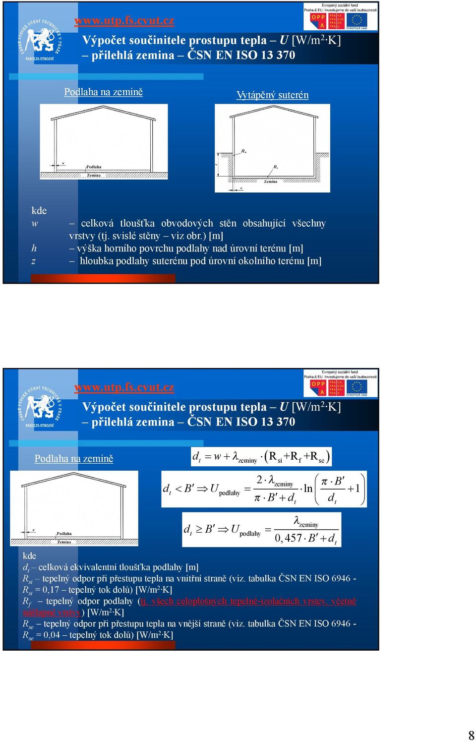podlahy 2 zeminy B ln B dt dt dt B U podlahy zeminy 0, 457 B dt dt celková ekvivalentní tloušťka podlahy [m] Rsi tepelný odpor při přestupu tepla na vnitřní straně (viz.