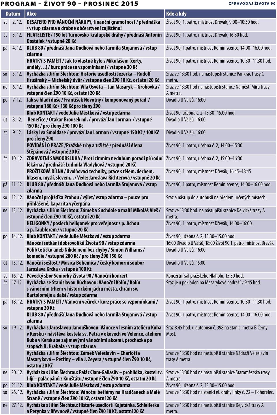 Dostálek / vstupné 20 Kč pá 4. 12. KLUB 80 / přednáší Jana Dudková nebo Jarmila Stojanová / vstup Život 90, 1.patro, místnost Reminiscence, 14.00 16.00 hod.