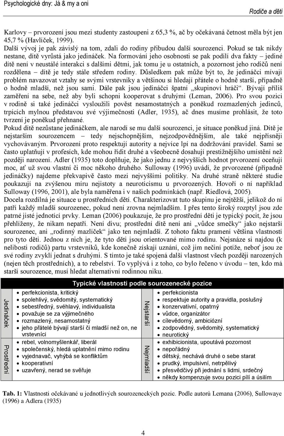 Na formování jeho osobnosti se pak podílí dva fakty jediné dítě není v neustálé interakci s dalšími dětmi, jak tomu je u ostatních, a pozornost jeho rodičů není rozdělena dítě je tedy stále středem