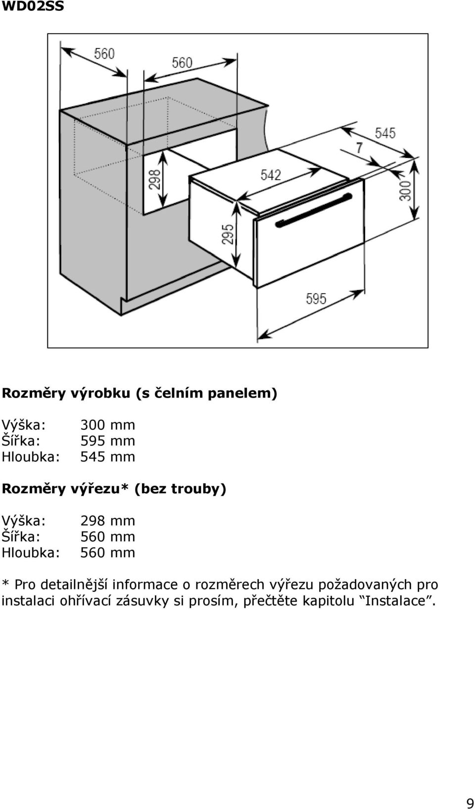 560 mm 560 mm * Pro detailnější informace o rozměrech výřezu