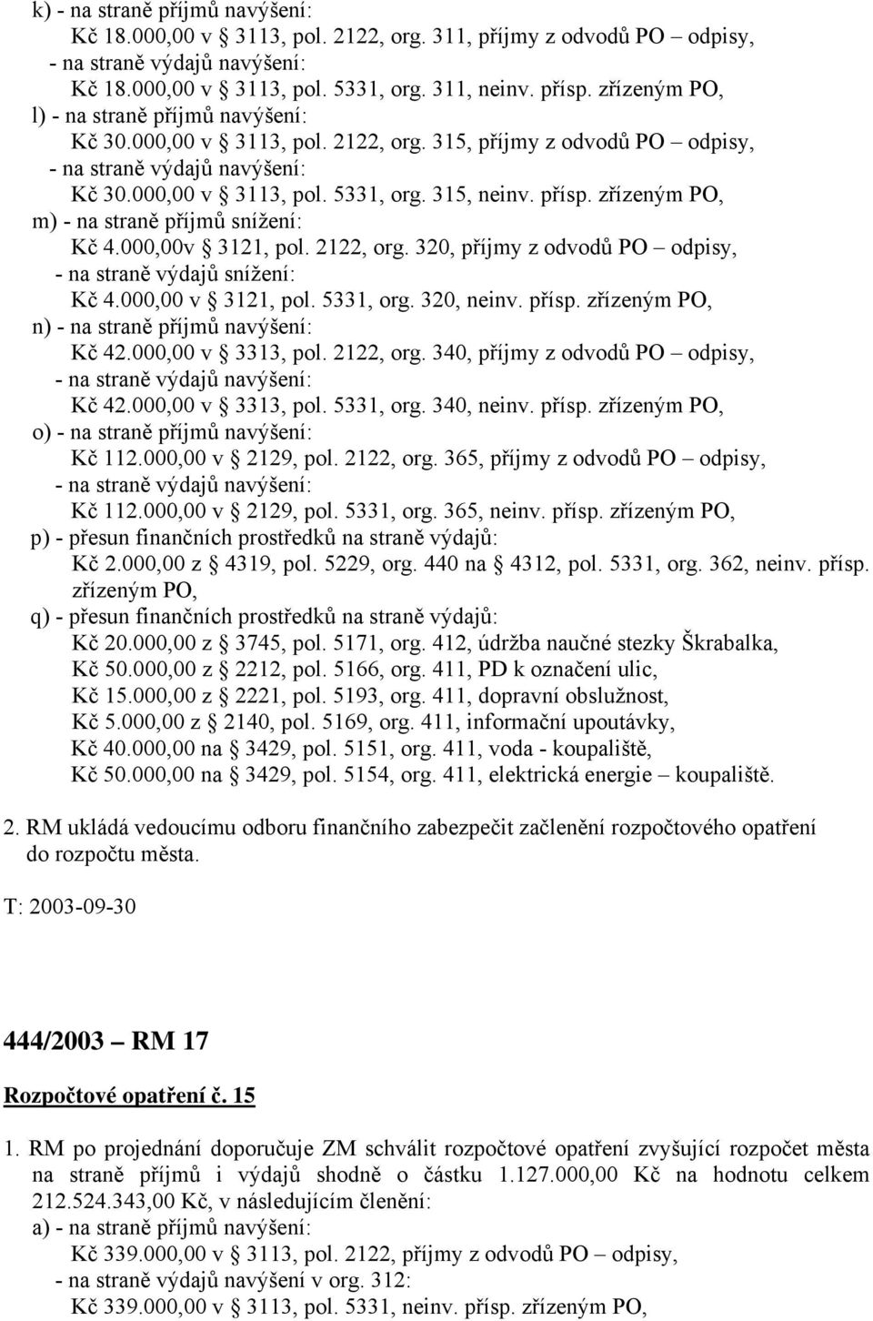 zřízeným PO, m) - na straně příjmů snížení: Kč 4.000,00v 3121, pol. 2122, org. 320, příjmy z odvodů PO odpisy, - na straně výdajů snížení: Kč 4.000,00 v 3121, pol. 5331, org. 320, neinv. přísp.