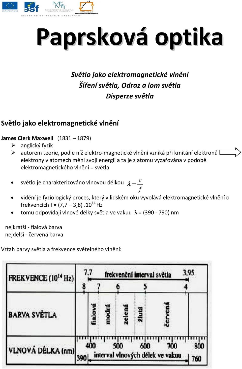 elektromagetikého lěí = sětla sětlo je harakterizoáo loou délkou λ = f iděí je fyziologiký proes, který lidském oku yoláá elektromagetiké lěí o 4