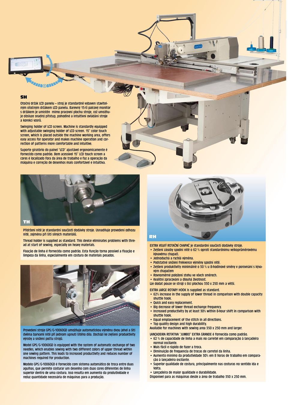 Swinging holder of LCD screen. Machine is standardly equipped with adjustable swinging holder of LCD screen.