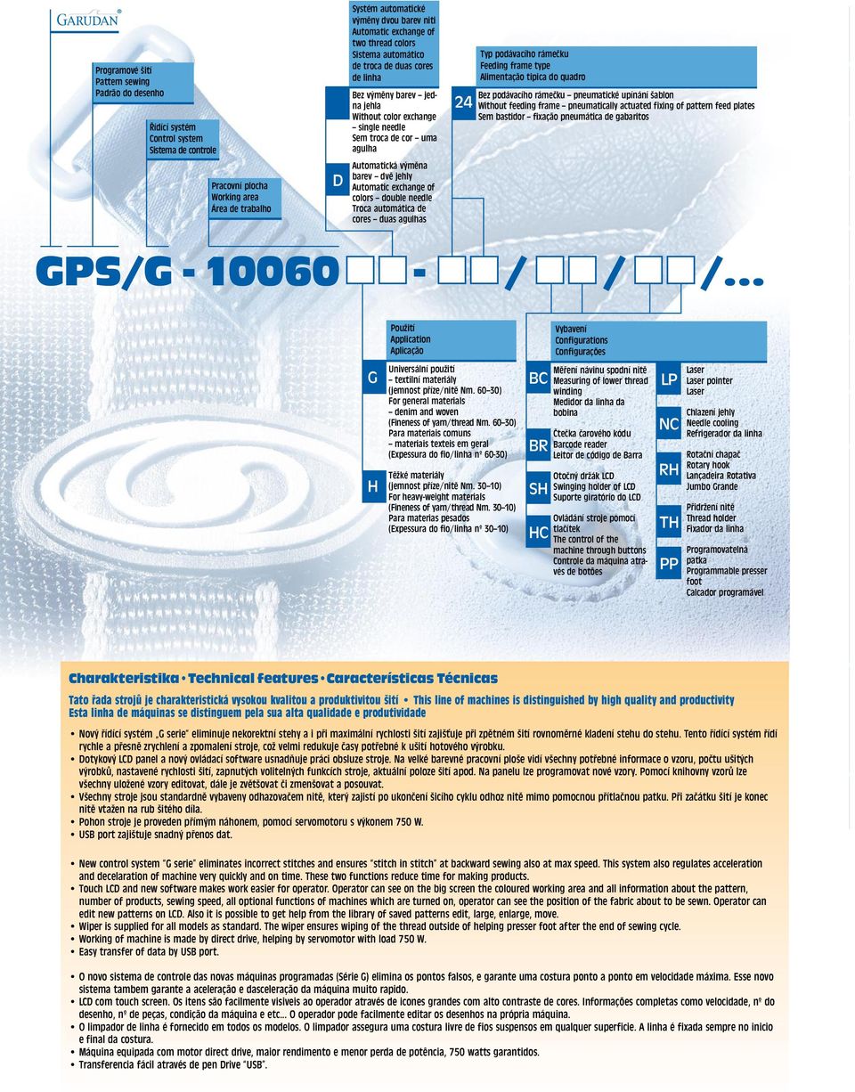 dvě jehly Automatic exchange of colors double needle Troca automática de cores duas agulhas Typ podávacího rámečku Feeding frame type Alimentação tipica do quadro Bez podávacího rámečku pneumatické