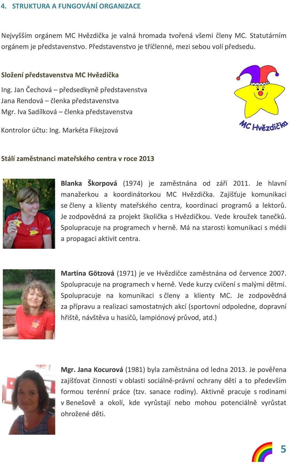 Markéta Fikejzová Stálí zaměstnanci mateřského centra v roce 2013 Blanka Škorpová (1974) je zaměstnána od září 2011. Je hlavní manažerkou a koordinátorkou.