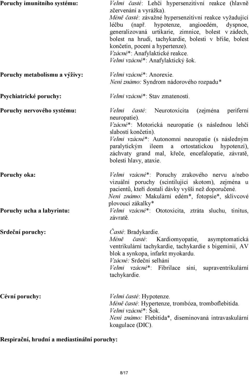 hypotenze, angioedém, dyspnoe, generalizovaná urtikarie, zimnice, bolest v zádech, bolest na hrudi, tachykardie, bolesti v břiše, bolest končetin, pocení a hypertenze). Vzácné*: Anafylaktické reakce.