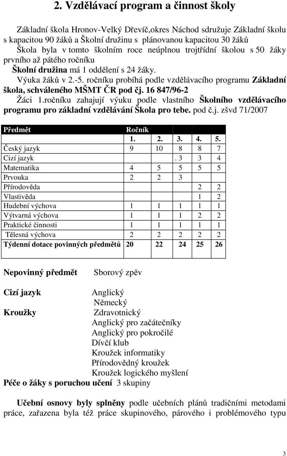 ročníku probíhá podle vzdělávacího programu Základní škola, schváleného MŠMT ČR pod čj. 16 847/96-2 Žáci 1.