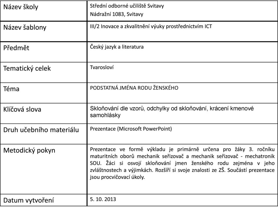 vzorů, odchylky od