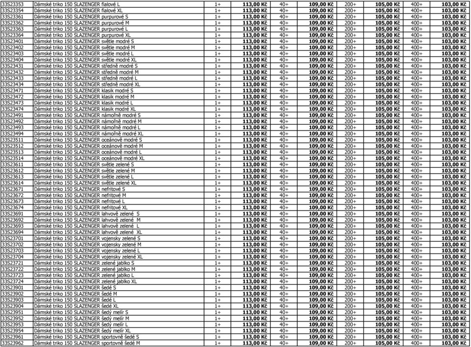 105,00 Kč 400+ 103,00 Kč 33S23363 Dámské triko 150 SLAZENGER purpurové L 1+ 113,00 Kč 40+ 109,00 Kč 200+ 105,00 Kč 400+ 103,00 Kč 33S23364 Dámské triko 150 SLAZENGER purpurové XL 1+ 113,00 Kč 40+