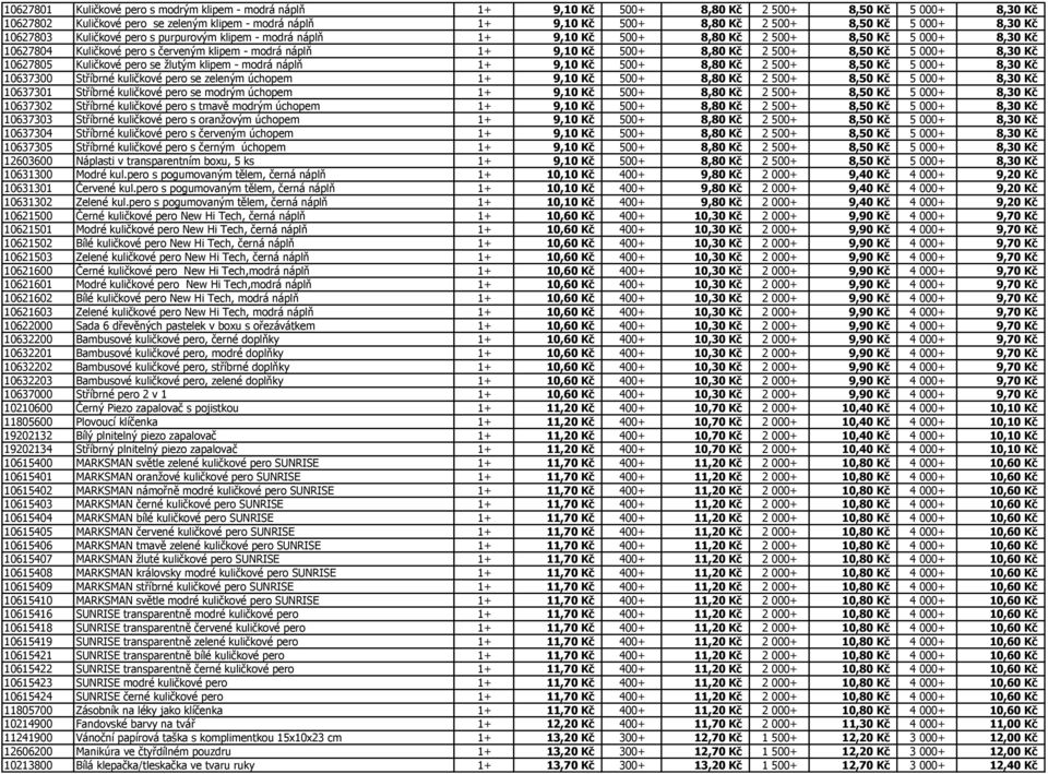 500+ 8,80 Kč 2 500+ 8,50 Kč 5 000+ 8,30 Kč 10627805 Kuličkové pero se žlutým klipem - modrá náplň 1+ 9,10 Kč 500+ 8,80 Kč 2 500+ 8,50 Kč 5 000+ 8,30 Kč 10637300 Stříbrné kuličkové pero se zeleným