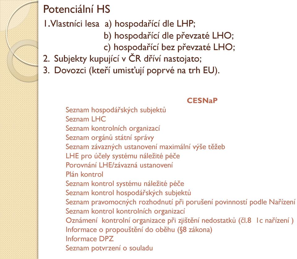 CESNaP Seznam hospodářských subjektů Seznam LHC Seznam kontrolních organizací Seznam orgánů státní správy Seznam závazných ustanovení maximální výše těžeb LHE pro účely systému náležité péče