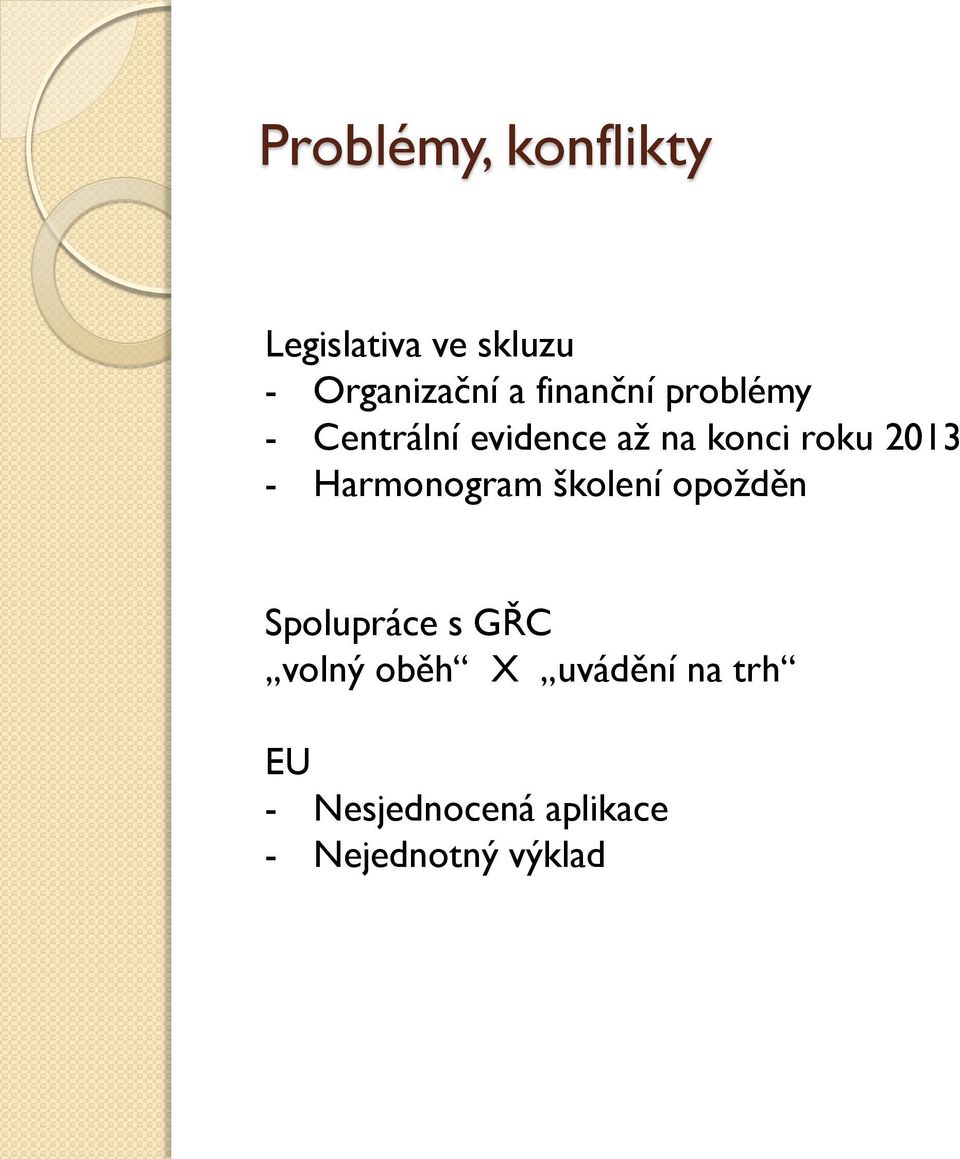 2013 - Harmonogram školení opožděn Spolupráce s GŘC volný