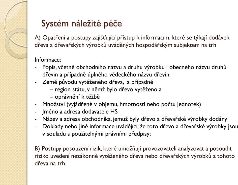 oprávnění k těžbě - Množství (vyjádřené v objemu, hmotnosti nebo počtu jednotek) - Jméno a adresa dodavatele HS - Název a adresa obchodníka, jemuž byly dřevo a dřevařské výrobky dodány - Doklady nebo