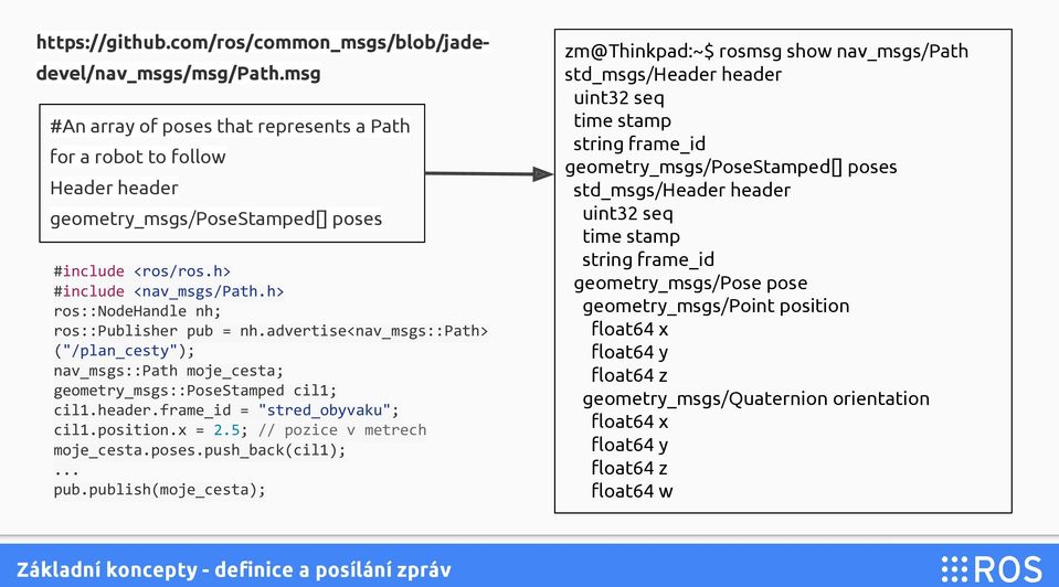 h> ros::nodehandle nh; ros::publisher pub = nh.advertise<nav_msgs::path> ("/plan_cesty"); nav_msgs::path moje_cesta; geometry_msgs::posestamped cil1; cil1.header.frame_id = "stred_obyvaku"; cil1.