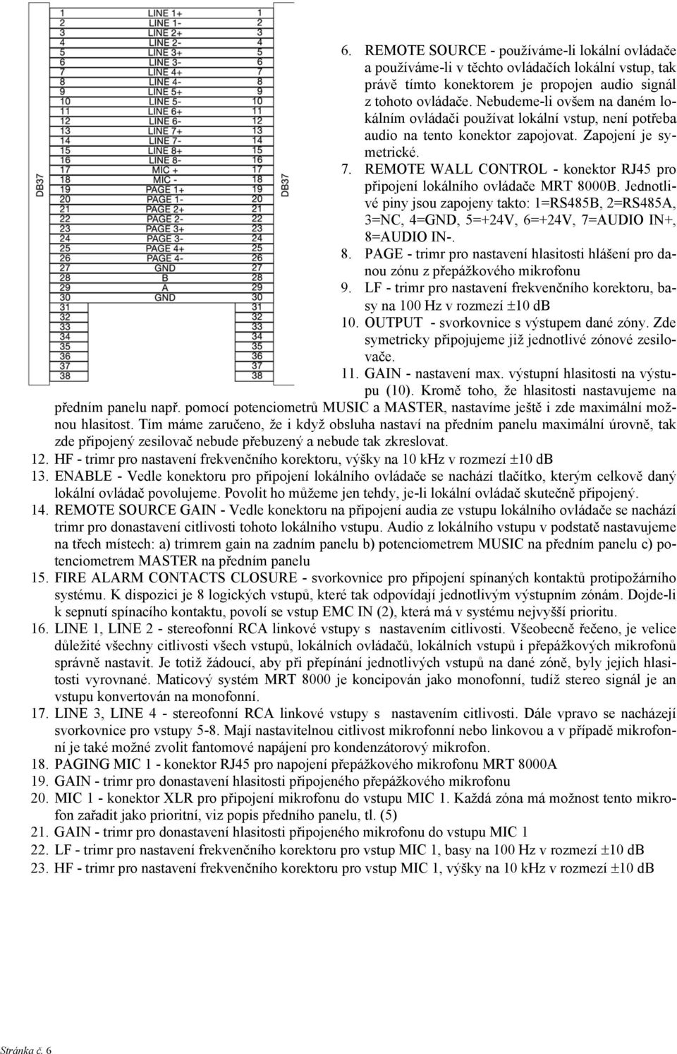 REMOTE WALL CONTROL - konektor RJ45 pro připojení lokálního ovládače MRT 8000B. Jednotlivé piny jsou zapojeny takto: 1=RS485B, 2=RS485A, 3=NC, 4=GND, 5=+24V, 6=+24V, 7=AUDIO IN+, 8=AUDIO IN-. 8. PAGE - trimr pro nastavení hlasitosti hlášení pro danou zónu z přepážkového mikrofonu 9.