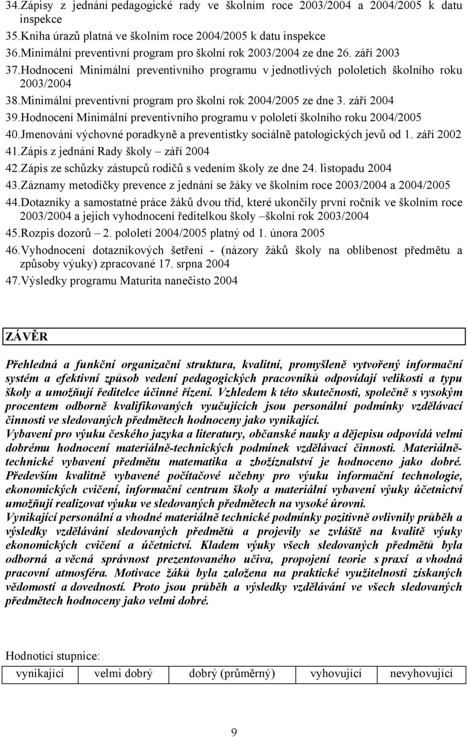 Minimální preventivní program pro školní rok 2004/2005 ze dne 3. září 2004 39.Hodnocení Minimální preventivního programu v pololetí školního roku 2004/2005 40.