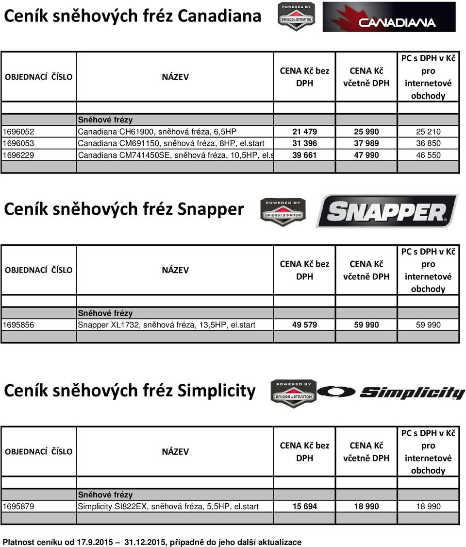 s 39 661 47 990 46 550 Ceník sněhových fréz Snapper včetně PC s v Kč 1695856 Snapper XL1732, sněhová fréza, 13,5HP, el.