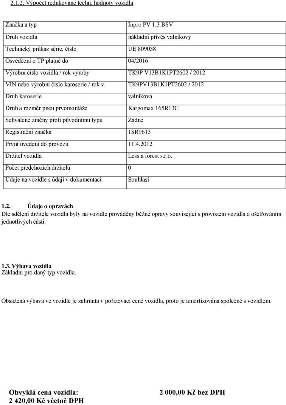 V13B1K1PT2602 / 2012 VIN nebo výrobní číslo karoserie / rok v.