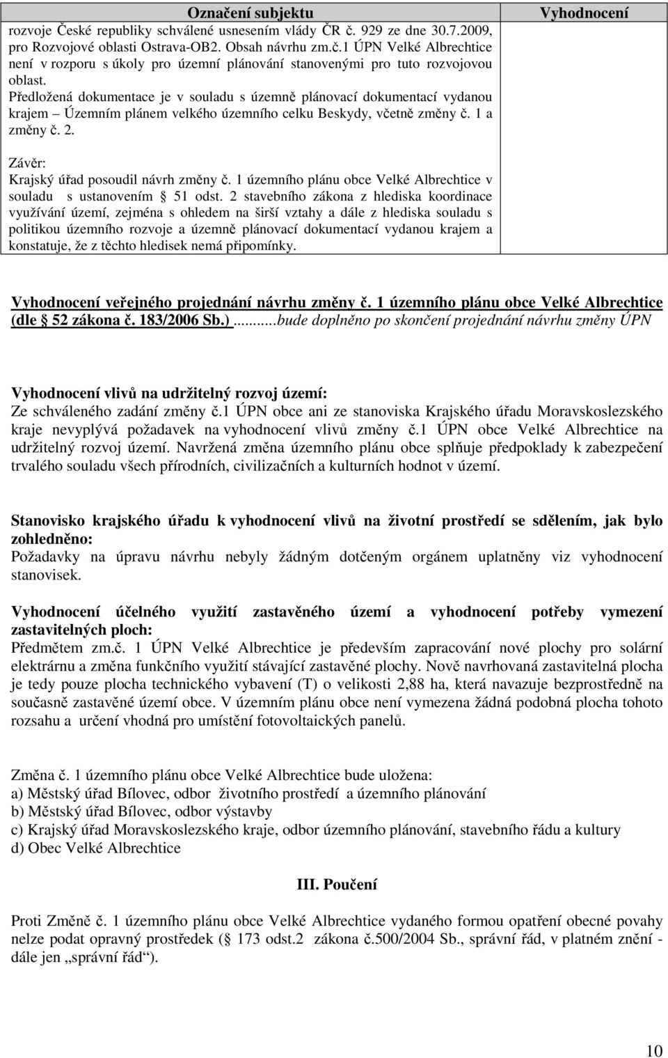 Vyhodnocení Závěr: Krajský úřad posoudil návrh změny č. 1 územního plánu obce Velké Albrechtice v souladu s ustanovením 51 odst.