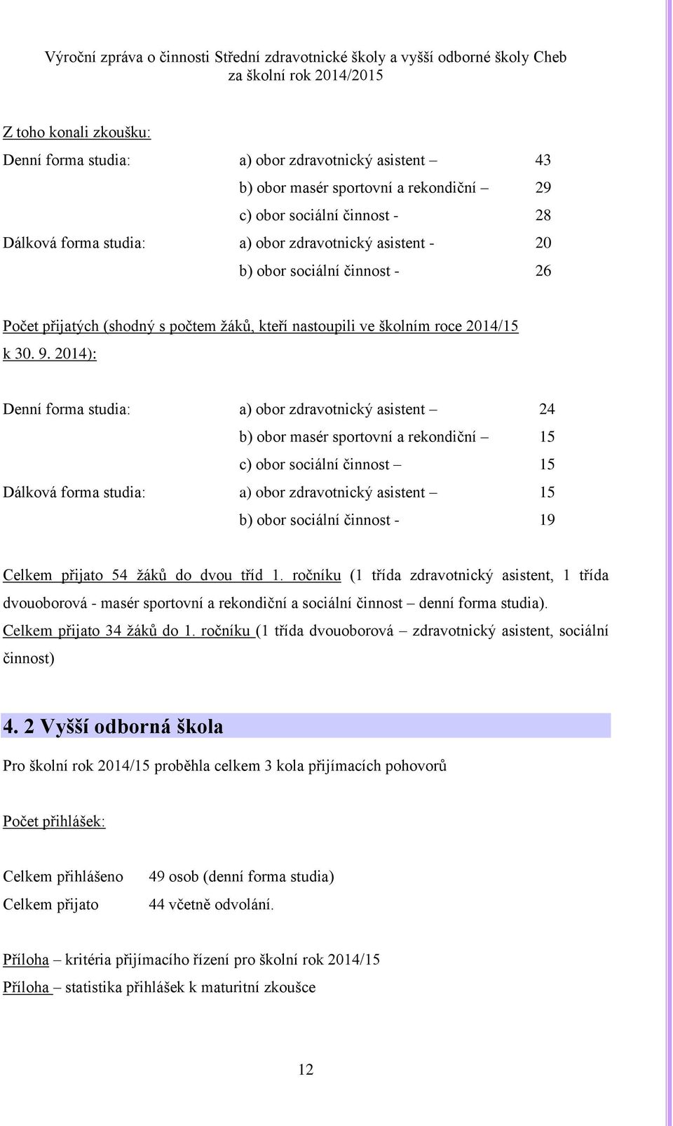 2014): Denní forma studia: a) obor zdravotnický asistent 24 b) obor masér sportovní a rekondiční 15 c) obor sociální činnost 15 Dálková forma studia: a) obor zdravotnický asistent 15 b) obor sociální