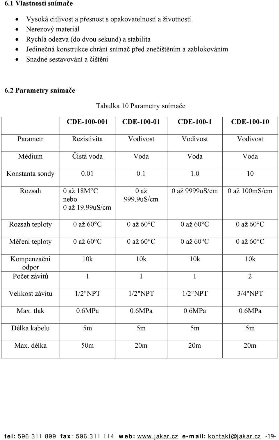 2 Parametry snímače Tabulka 10 Parametry snímače CDE-100-001 CDE-100-01 CDE-100-1 CDE-100-10 Parametr Rezistivita Vodivost Vodivost Vodivost Médium Čistá voda Voda Voda Voda Konstanta sondy 0.01 0.