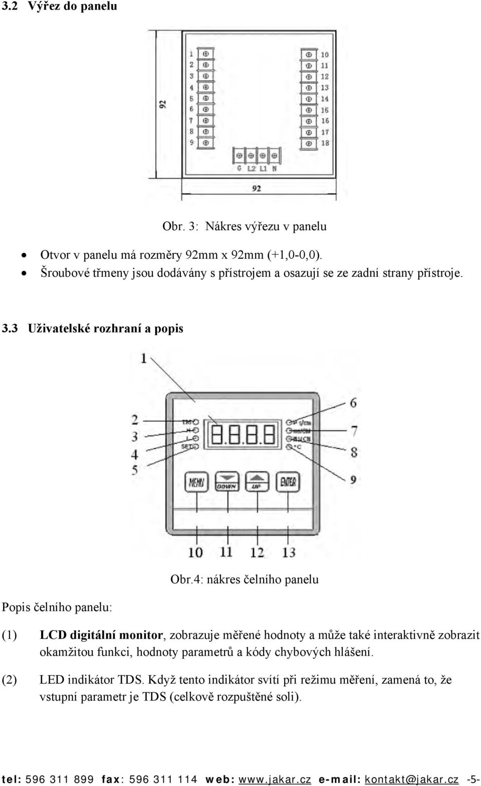 4: nákres čelního panelu (1) LCD digitální monitor, zobrazuje měřené hodnoty a může také interaktivně zobrazit okamžitou funkci, hodnoty parametrů a kódy