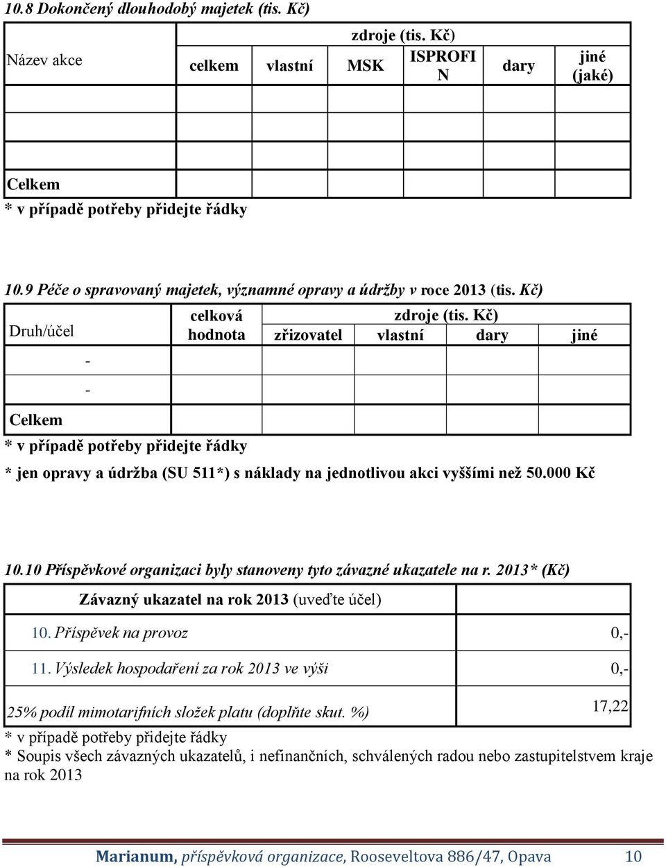 10 Příspěvkové organizaci byly stanoveny tyto závazné ukazatele na r. 2013* (Kč) Závazný ukazatel na rok 2013 (uveďte účel) 10. Příspěvek na provoz 0,- 11.