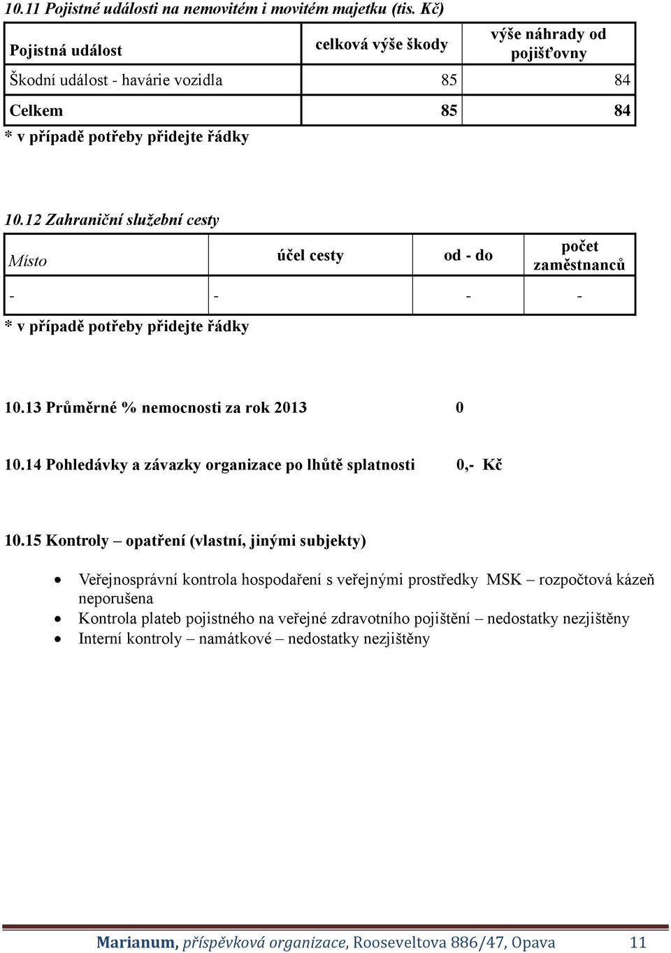 12 Zahraniční služební cesty Místo účel cesty od - do počet zaměstnanců - - - - 10.13 Průměrné % nemocnosti za rok 2013 0 10.