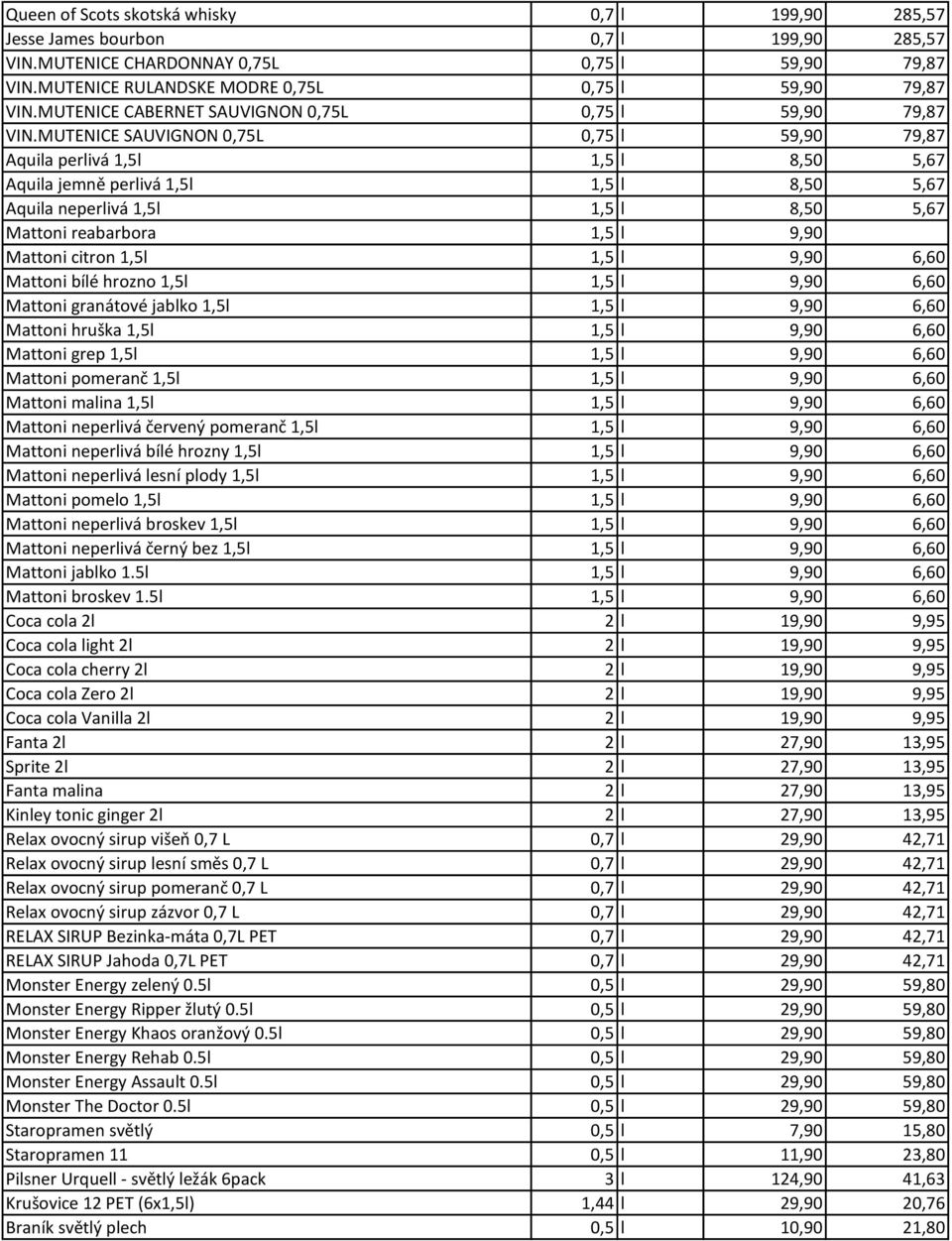 MUTENICE SAUVIGNON 0,75L 0,75 l 59,90 79,87 Aquila perlivá 1,5l 1,5 l 8,50 5,67 Aquila jemně perlivá 1,5l 1,5 l 8,50 5,67 Aquila neperlivá 1,5l 1,5 l 8,50 5,67 Mattoni reabarbora 1,5 l 9,90 Mattoni