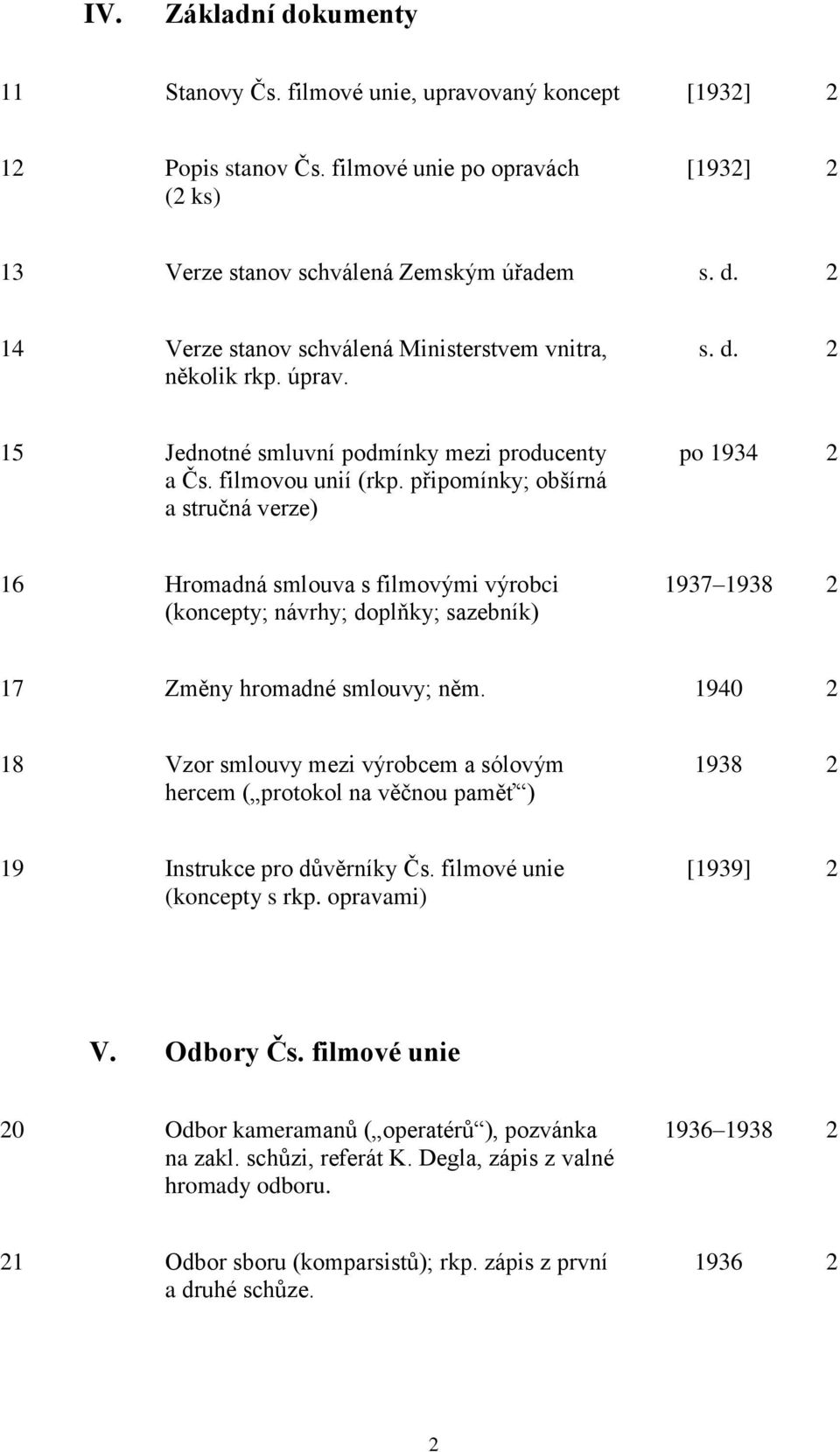 připomínky; obšírná a stručná verze) po 1934 2 16 Hromadná smlouva s filmovými výrobci (koncepty; návrhy; doplňky; sazebník) 1937 1938 2 17 Změny hromadné smlouvy; něm.