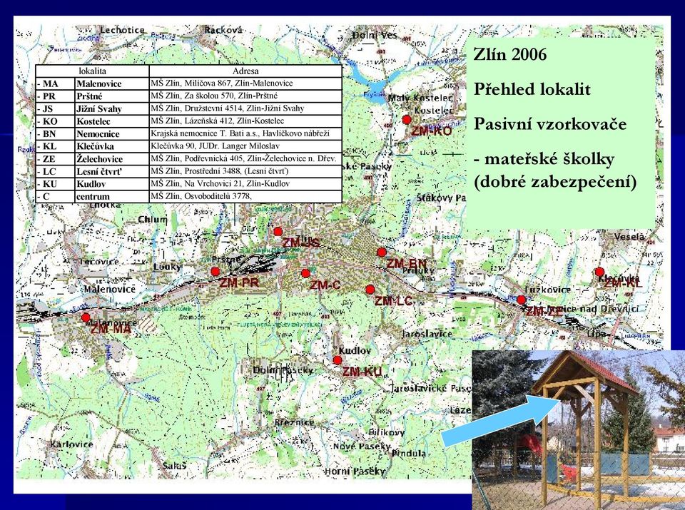 Zlín-Kostelec Krajská nemocnice T. Bati a.s., Havlíčkovo nábřeží 600 Klečůvka 90, JUDr. Langer Miloslav MŠ Zlín, Podřevnická 405, Zlín-Želechovice n. Dřev.