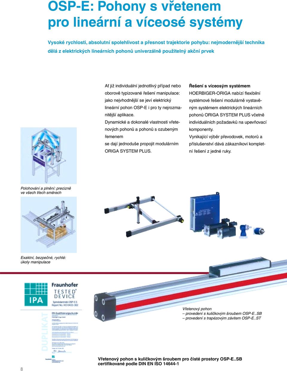 aplikace. Dynamické a dokonalé vlastnosti vřetenových pohonů a pohonů s ozubeným řemenem se dají jednoduše propojit modulárním ORIGA SYSTEM PLUS.