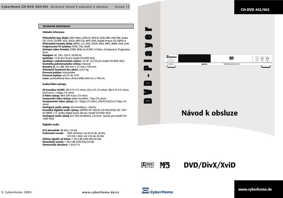 RGB via SCART, S-Video, Component, Progressive Scan Napájení: AC 00~0 V, 0/0 Hz Spotřeba: W (, W pro model CH-DVD ) Spotřeba v pohotovostním režimu:, W (, W pro model CH-DVD ) Kontrolka