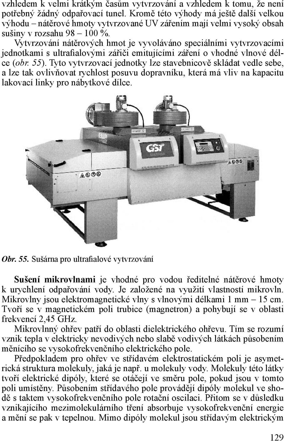 Vytvrzování nátěrových hmot je vyvoláváno speciálními vytvrzovacími jednotkami s ultrafialovými zářiči emitujícími záření o vhodné vlnové délce (obr. 55).