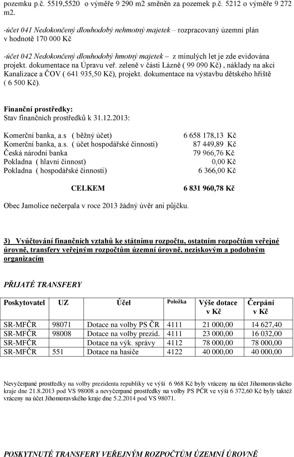 dokumentace na Úpravu veř. zeleně v části Lázně ( 99 090 Kč), náklady na akci Kanalizace a ČOV ( 641 935,50 Kč), projekt. dokumentace na výstavbu dětského hřiště ( 6 500 Kč).