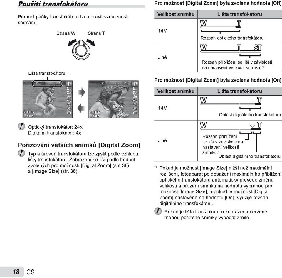 závislosti na nastavení velikosti snímku. *1 Pro možnost [Digital Zoom] byla zvolena hodnota [On] Velikost snímku Lišta transfokátoru 0.0 WB ISO 00:34 00:34 4 14M 4 14M 0.